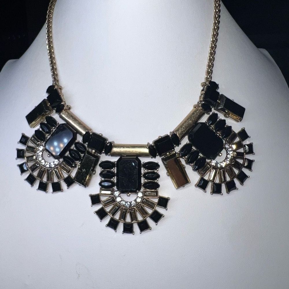 Gold Tone With Black‎ Stone and CZ Statement Necklace